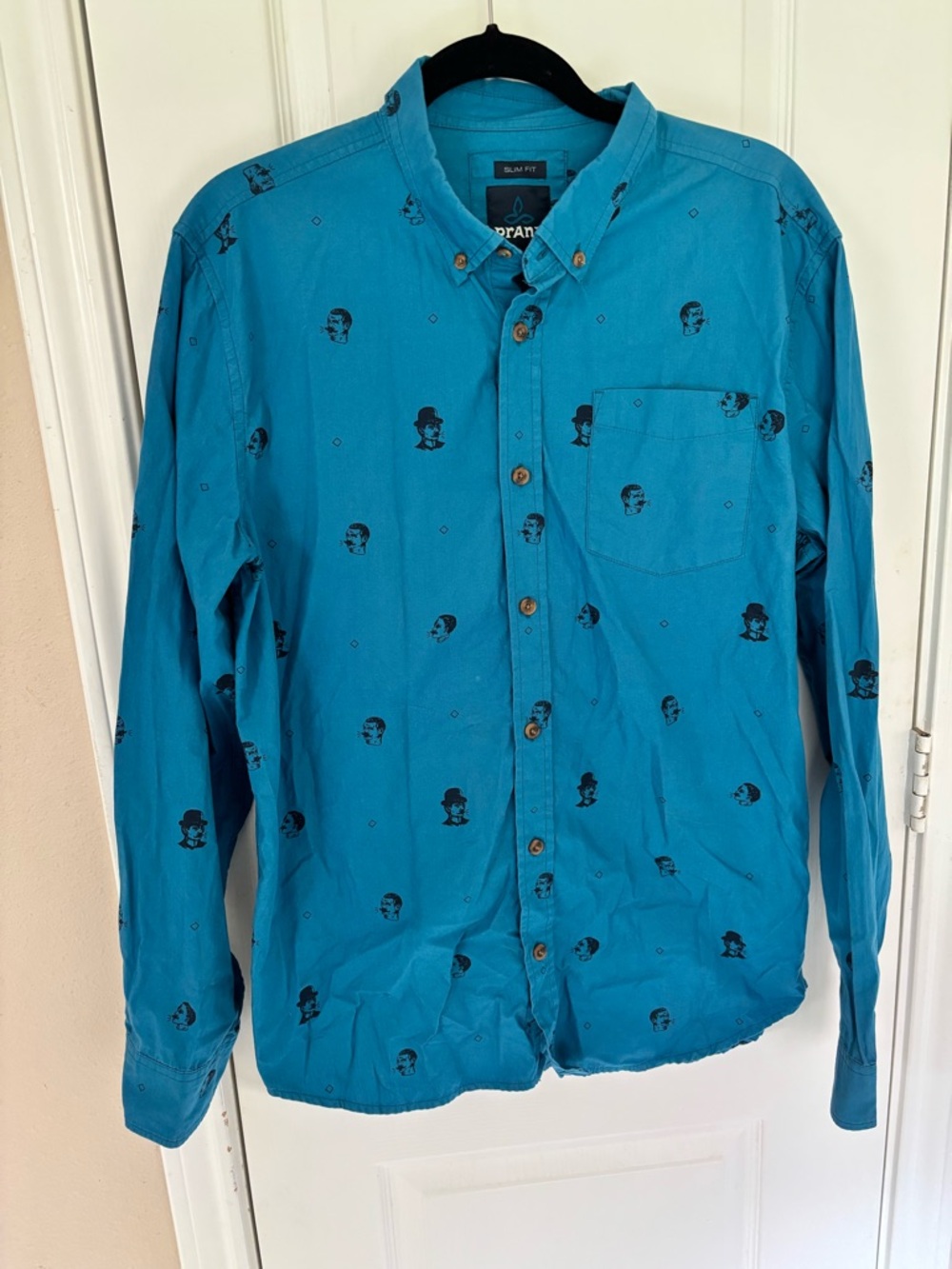 PrAna Broderick Slim Fit Shirt Men’s L Dapper Heads Mustache Organic Cotton LS